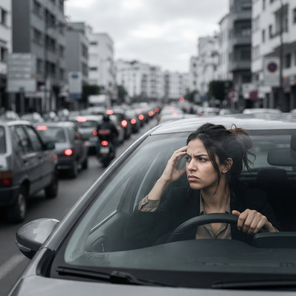 A woman looking stressed while sitting in a car stuck in heavy city traffic.